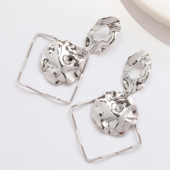 Square Hammered Geometric Earrings In Silver Colour, 2 of 3