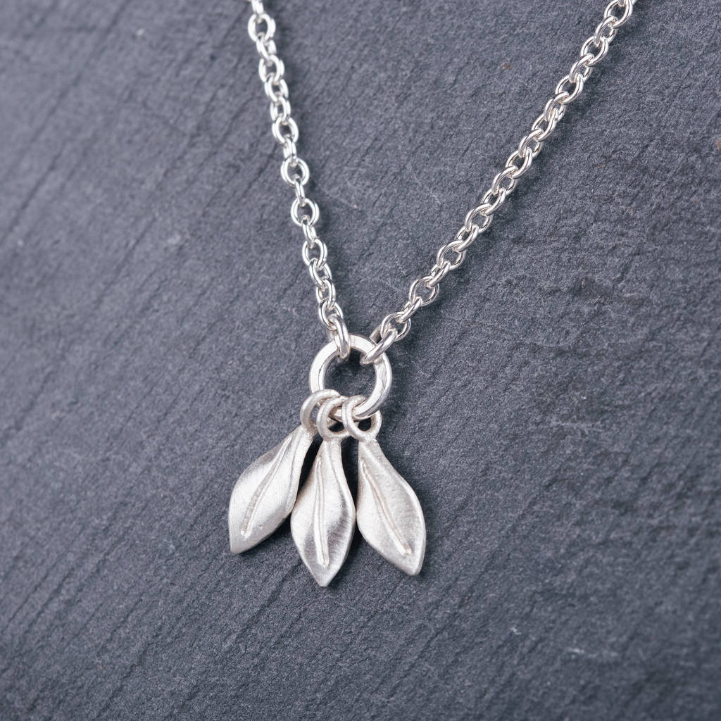 Sterling Silver Three Leaf Drop Necklace, 1 of 5