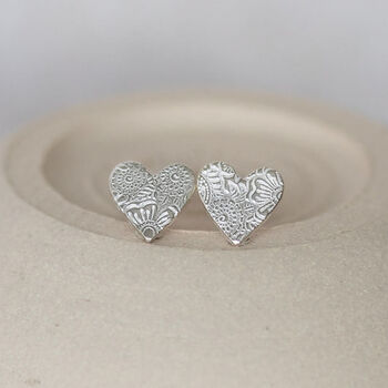 Sterling Silver Textured Heart Studs, 3 of 8