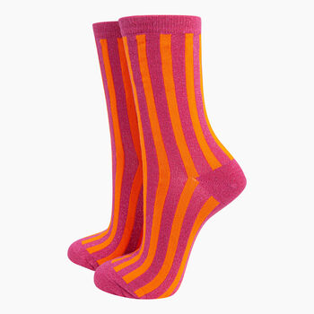 Women's Glitter Socks Hot Pink Orange Stripes, 3 of 4