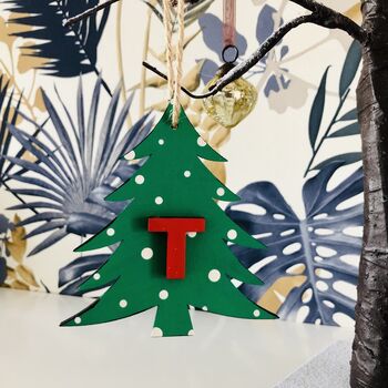 Personalised Green Xmas Tree Alphabet Decoration Tag, 3 of 6