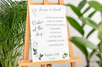 Floral Order Of The Day Wedding Sign In White Acrylic, 2 of 2