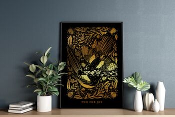Magpie Two For Joy Floral Gold / Silver Art Print, 2 of 5