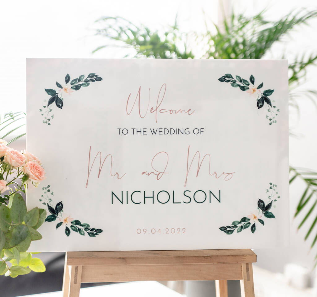 Floral Garland Wedding Welcome Sign In White Acrylic By The Gifting ...