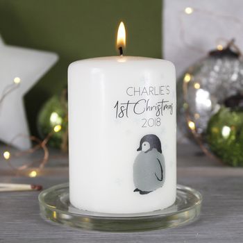 Personalised First Christmas Baby Penguin Pillar Candle, 4 of 9