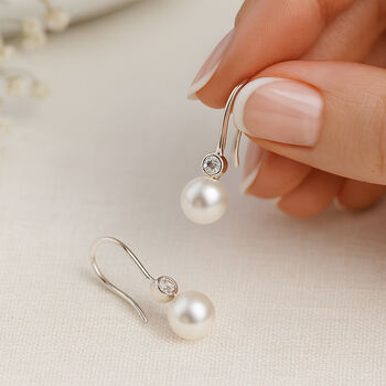 Sterling Silver Freshwater Pearl And Cubic Zirconia Drop Earrings – 6mm, 3 of 10