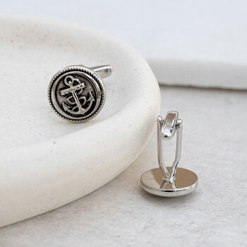 Fouled Anchor Rhodium Plated Round Cufflinks, 2 of 6