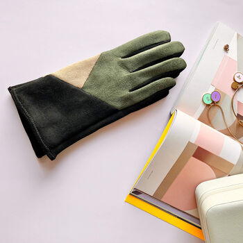 Colour Block Suede Touch Screen Gloves, 6 of 10