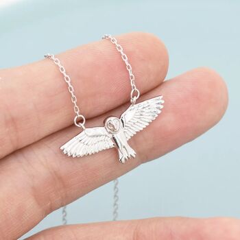 Flying Barn Owl Pendant Necklace In Sterling Silver, 5 of 10