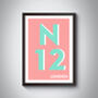 N12 North Finchley London Postcode Typography Print, thumbnail 7 of 9