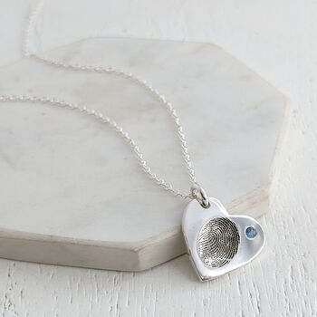 Silver Fingerprint Impression Heart Pendant With Birthstone, 4 of 7