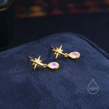 Sterling Silver Tiny Starburst And Dangle Moonstone Stud Earrings, 6 of 12