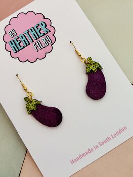 The Purple Aubergine Glitter Statement Earrings/ Vegetable Lover Gift / Novelty Food Jewellery / Colourful Accessories, 4 of 5