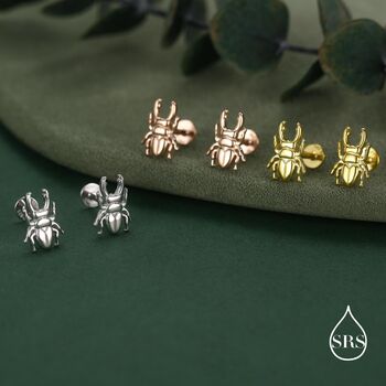 Sterling Silver Stag Beetle 16g Flat Back Stud Earrings, 4 of 11