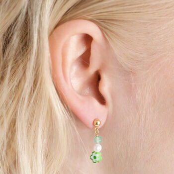 Green Millefiori Flower Drop Earrings In Gold, 2 of 4