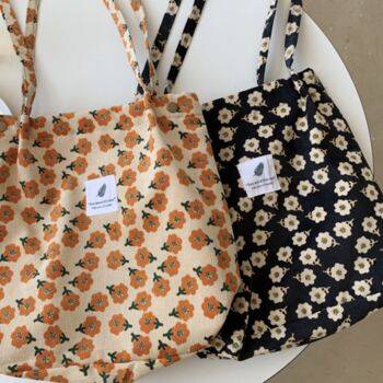 Orange Black Flower Corduroy Canvas Shoulder Tote Bag Extra Large Everyday Work Bag, 2 of 7