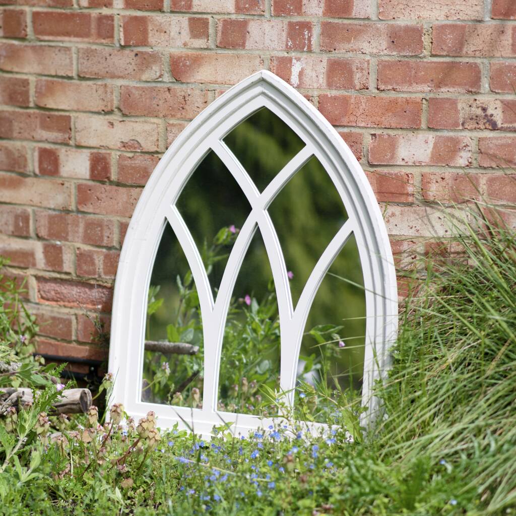 Outdoor Garden White Wash Arch Wooden Mirror, 1 of 2