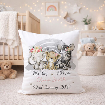 Children Personalised Safari Theme Birth Details Printed Cushion, 2 of 4