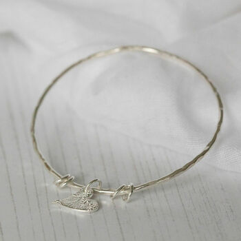 Sterling Silver Textured Tilted Heart Charm Bangle, 4 of 7