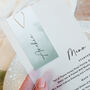 Sage Green Vellum Wedding Menu With Guest Name Card, thumbnail 1 of 4