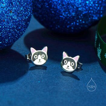 Sterling Silver Tuxedo Cat Enamel Stud Earrings, 4 of 9