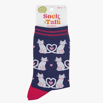 Women's Bamboo Socks White Cats In Love Navy, 4 of 4