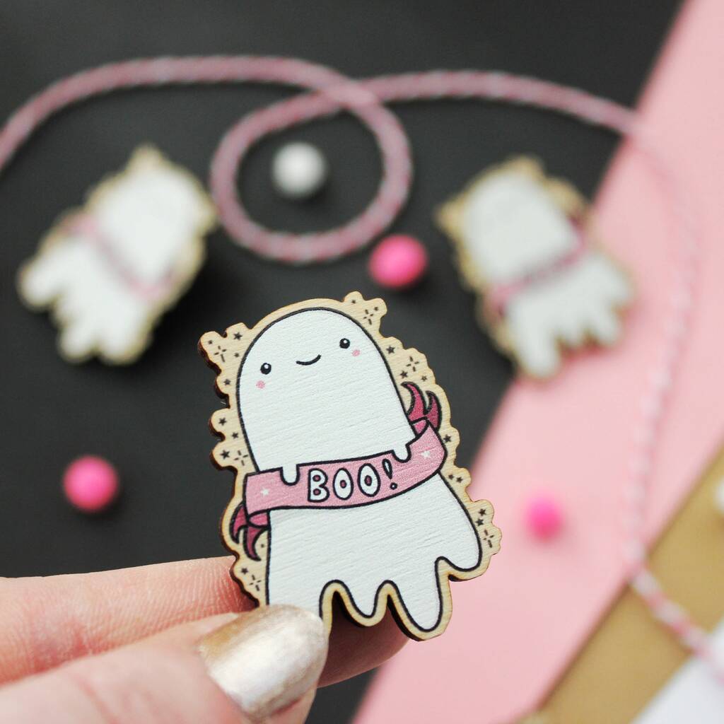Cute Spooky Ghost Wooden Pin Badge, 1 of 5