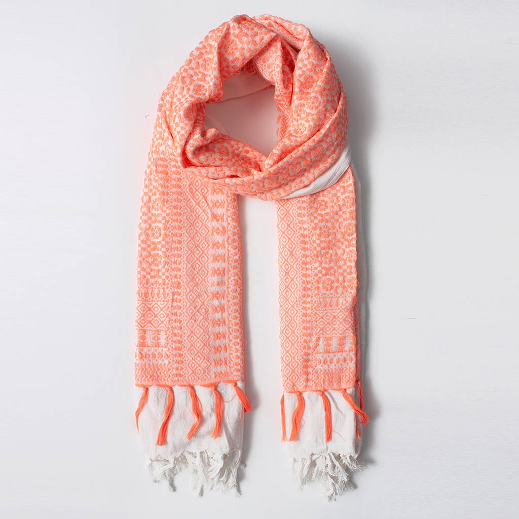 Embroidered White Cotton Scarf By Bohemia