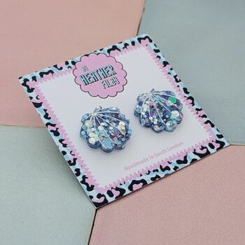 Sea Shell Glitter Resin Stud Earrings Pink, Blue And Coral, 6 of 12