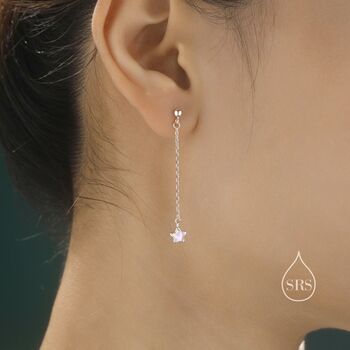 Asymmetric Tiny Moonstone Star Dangle Stud Earrings, 4 of 12