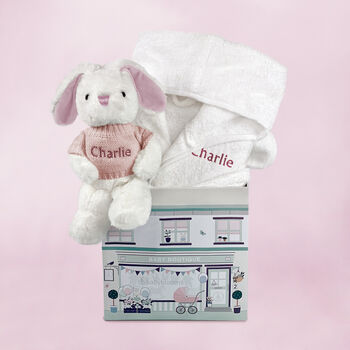 Personalised Baby Girl Bunny And Bathrobe Hamper, 3 of 7