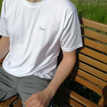 Hand Embroidered Personalised Men's White T Shirt, 5 of 8