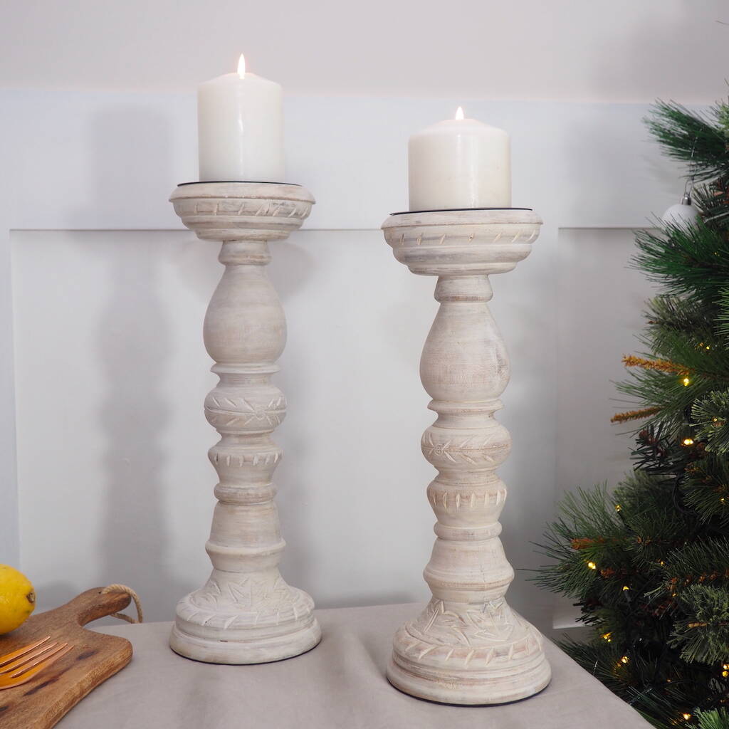 White Distressed Wooden Candlestick By Za Za Homes