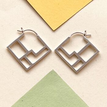 Square Art Deco Geometric Silver Hoop Earrings, 4 of 8