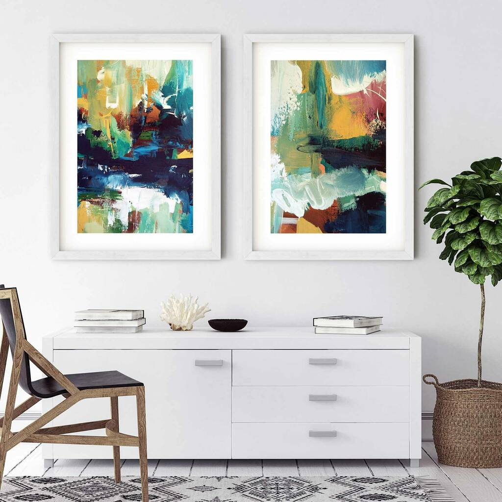 Modern Abstract Art Framed Blue Teal Gold Art Print Set By Abstract House