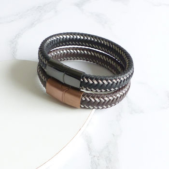 Mens Woven Leather Steel Bracelet, 5 of 6