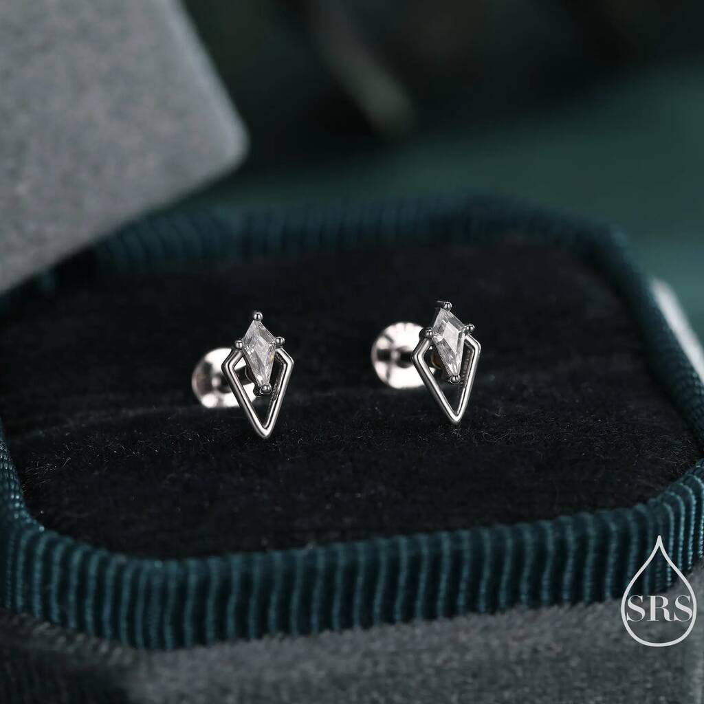 Sterling Silver Art Deco Inspired Tiny Rhombus Cz Internally Threaded Flat Back Earrings, 1 of 9