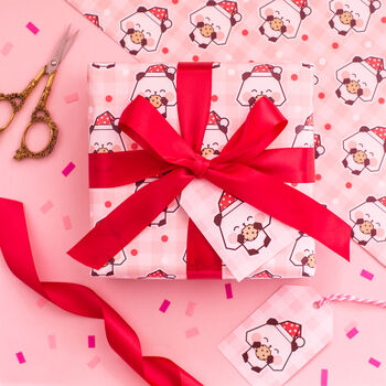 Gingham Panda Claus Christmas Wrapping Paper Set, 3 of 5
