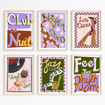 Set Of Six Music Wall Art Prints – Retro Music Posters In Three Colour Options, 2 of 12