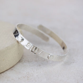Sterling Silver Personalised Stamped Christening Bangle, 2 of 11