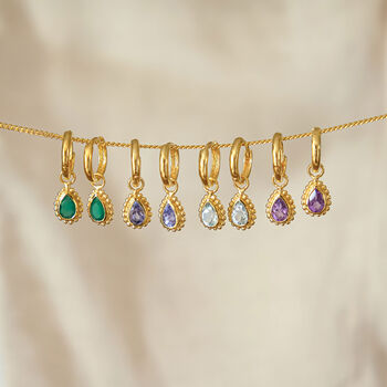 May Birthstone Green Onyx Gold Plated Huggie Hoop Earrings, 3 of 12