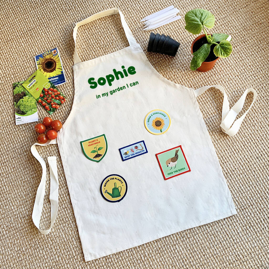Personalised Kids Gardening Apron With Iron On Patches, 1 of 4