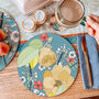Round Placemats Set Heatproof Chica Camellia Teal, thumbnail 1 of 12