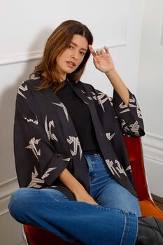 Japanese Origami Bird Print Black And Ivory Short Light Weight Kimono, 6 of 6