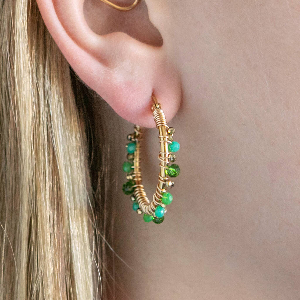 Green Finely Beaded Hoop Earrings By Twilight London