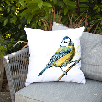 Inky Blue Tit Water Resistant Outdoor Garden Cushion, 5 of 8