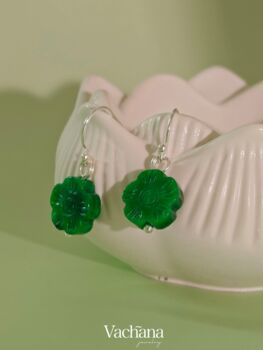 Green Botan Flower Jade Sterling Silver Dangle Earrings, 6 of 9