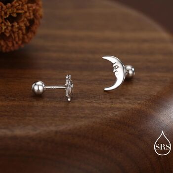 Mismatched Sun And Moon Screw Back Earrings In Sterling Silver, 3 of 10