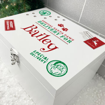 Personalised White Wooden North Pole Stamp Pet Christmas Eve Box Three Sizes 22cm | 27cm | 30cm, 2 of 8