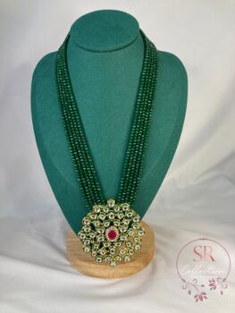Indian Long Beaded Green Mala Necklace Set, 3 of 5